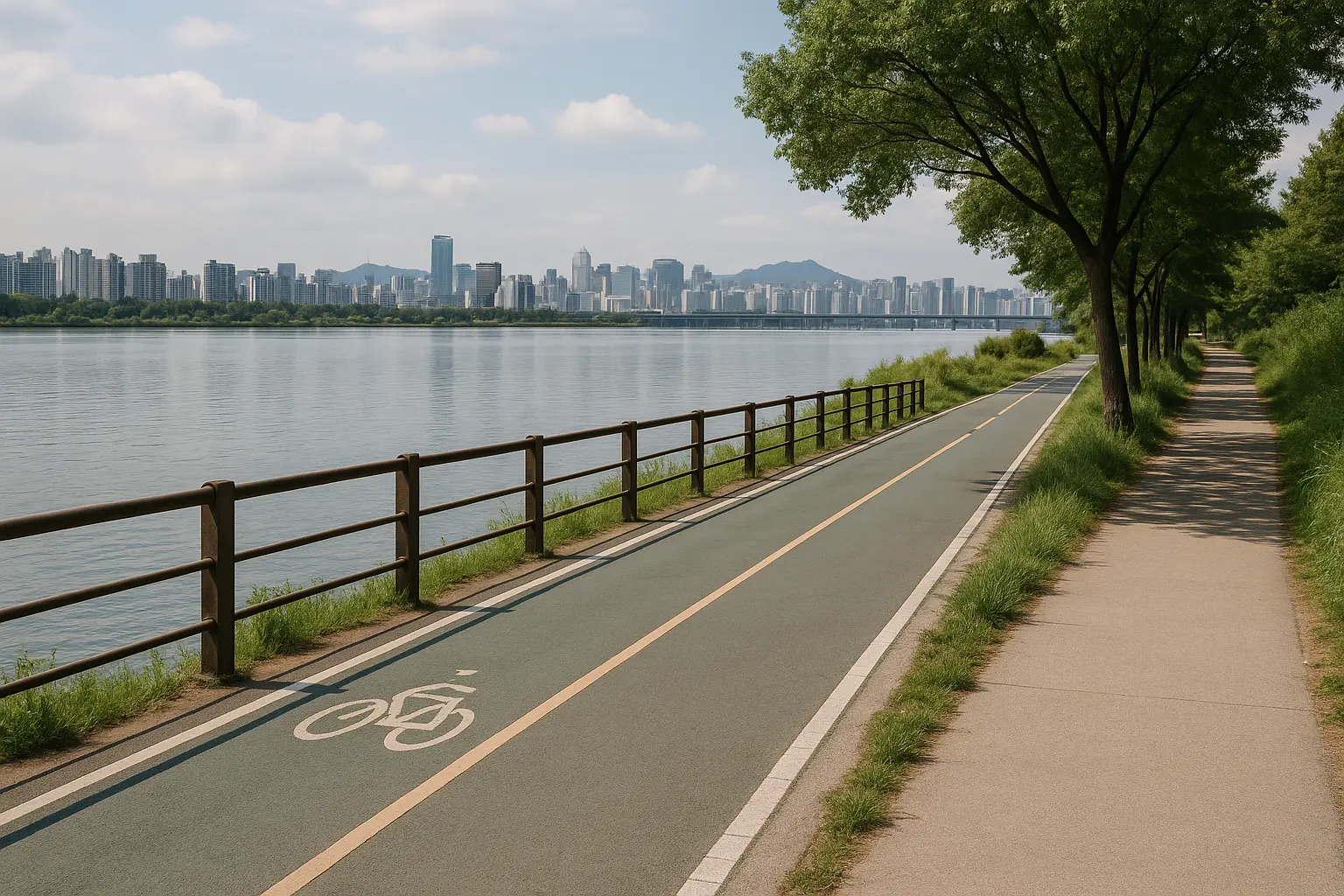A quiet pedestrian riverside path separated safely from the Han River cycle lane