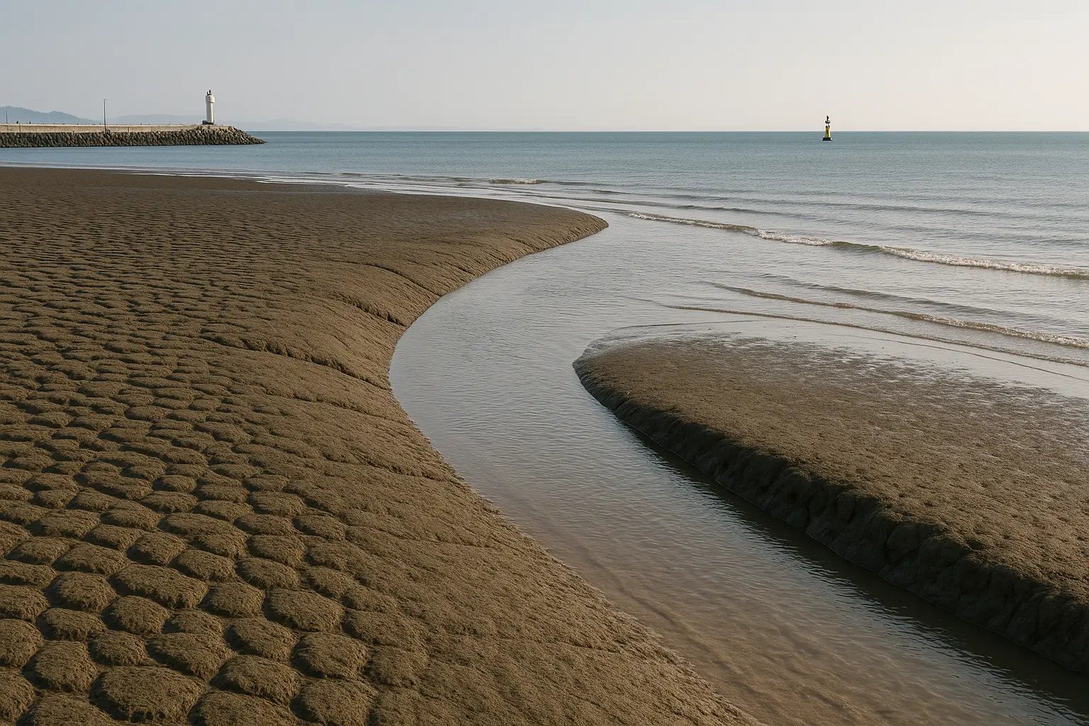 A Korean west-coast tidal channel transitioning from exposed mudflat to incoming sea