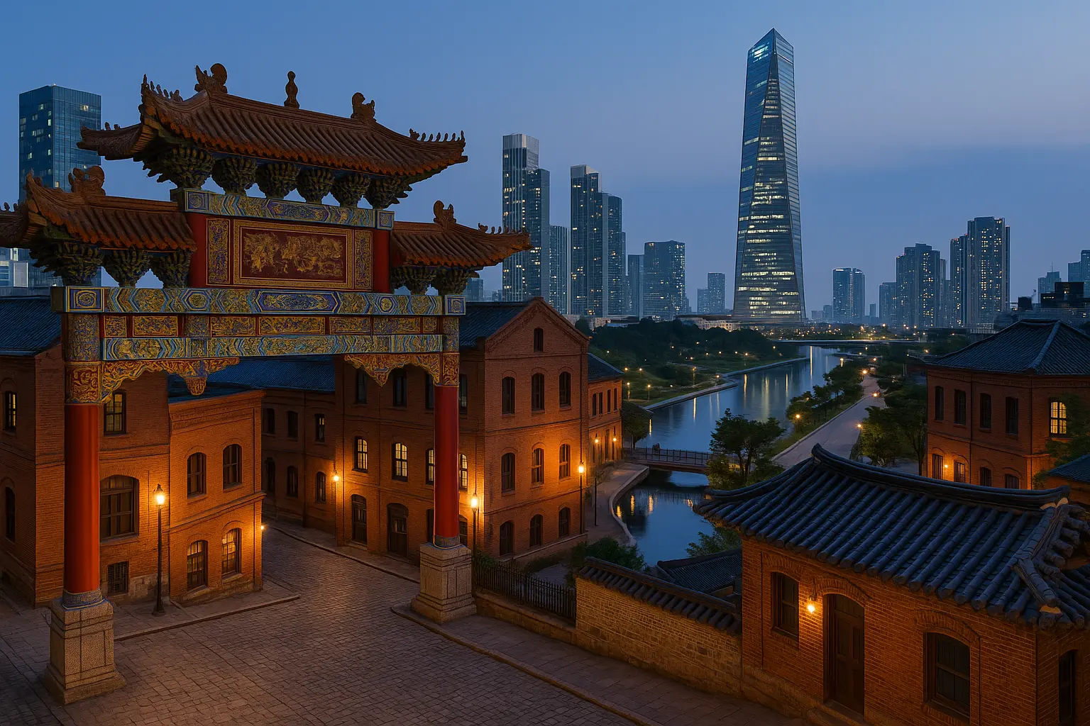 Historic Incheon Chinatown gate contrasted with Songdo skyline