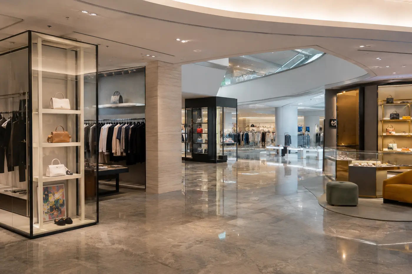 A balanced luxury department-store floor with several separate boutiques