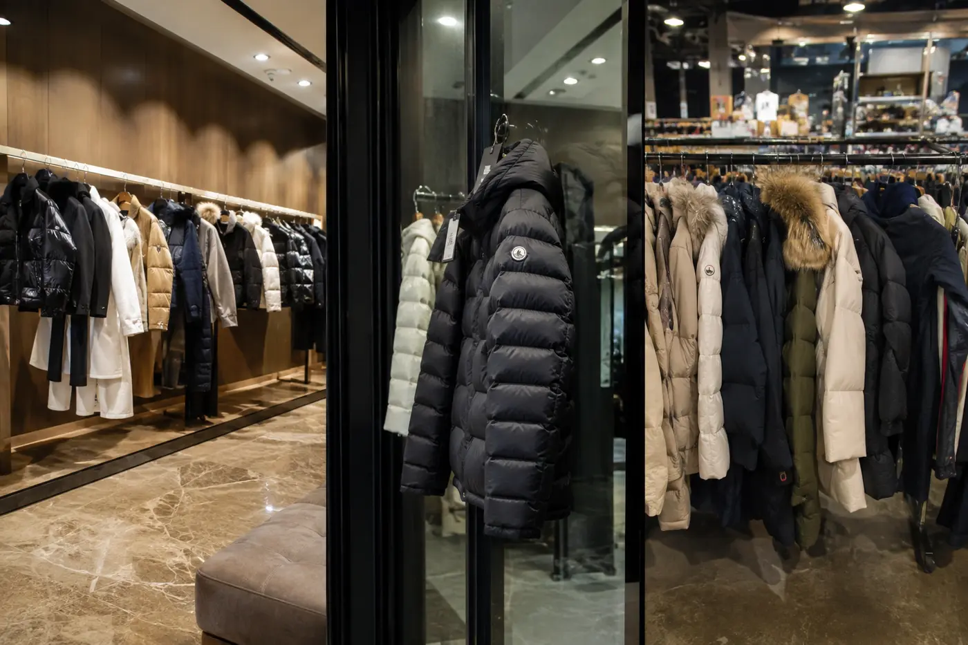Luxury winter jackets displayed across current-season, outlet and pre-owned contexts