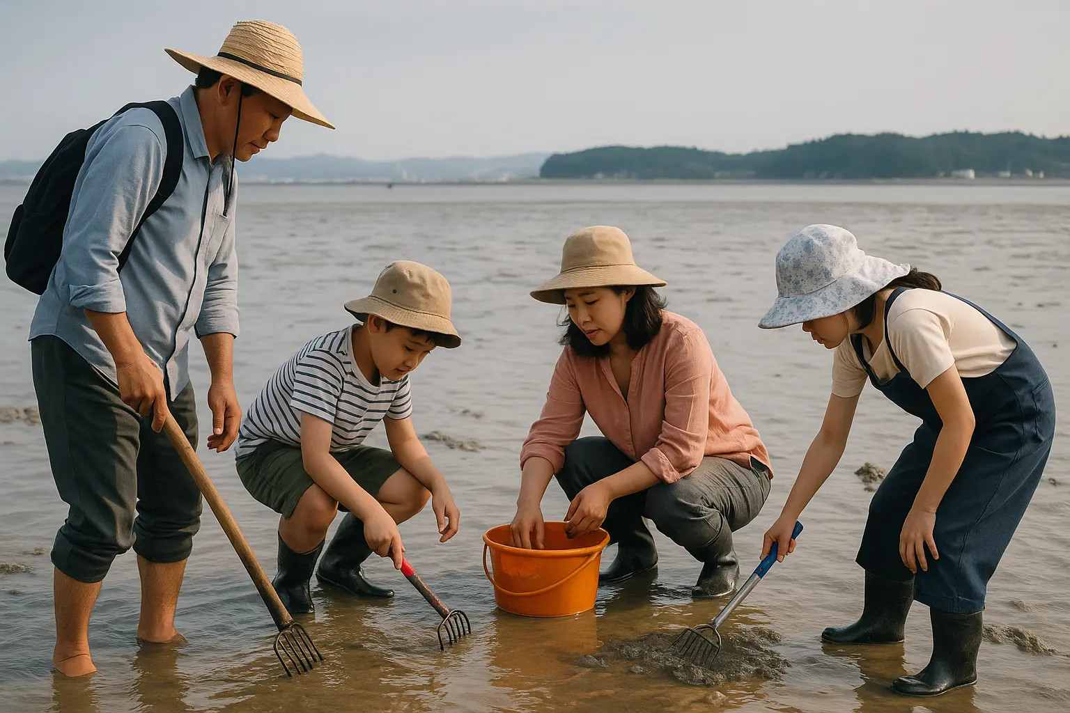 A guide helping visitors rake for clams on Jebudo