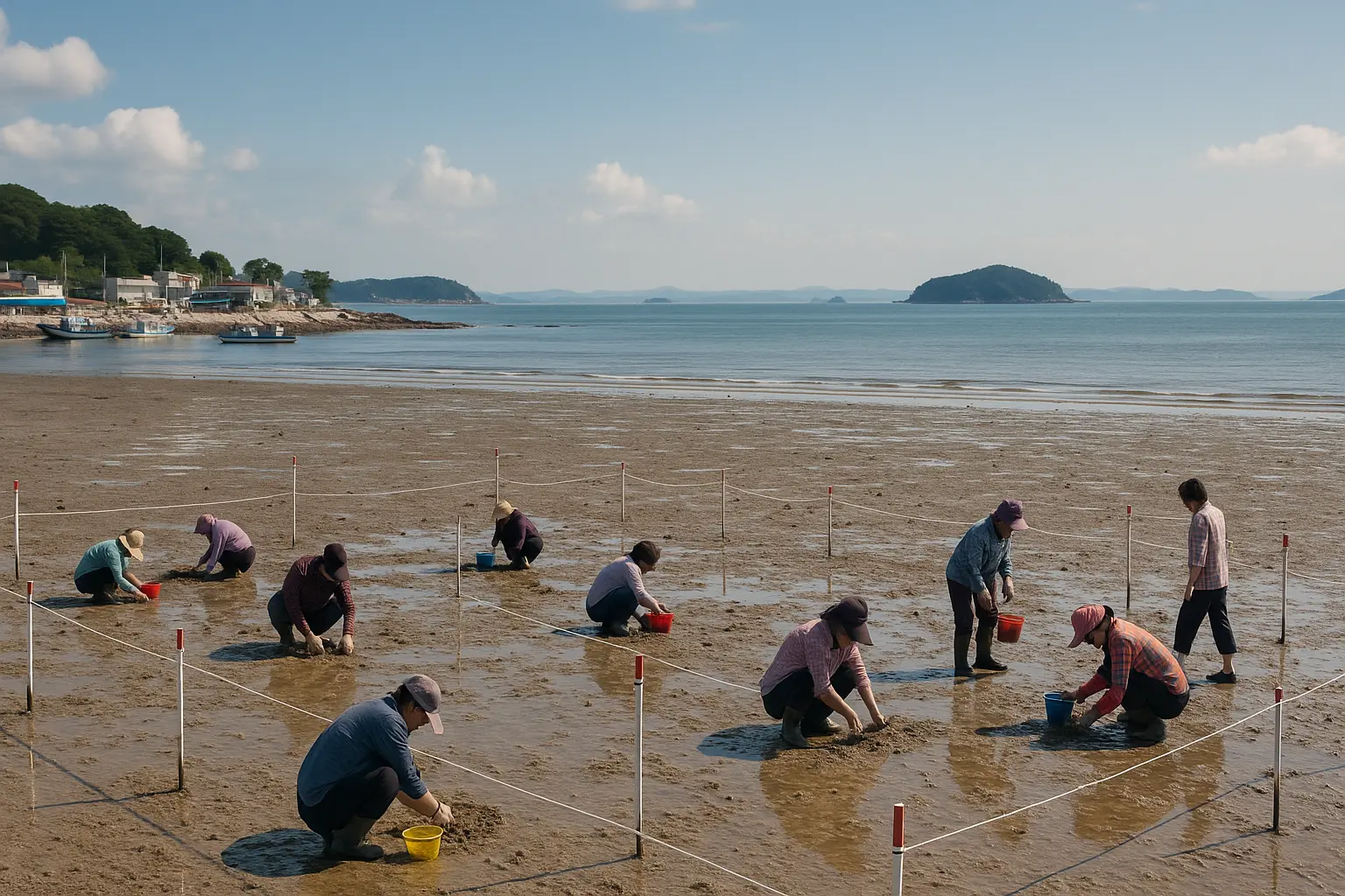 Visitors harvesting clams near Jebudo with the west-coast horizon beyond