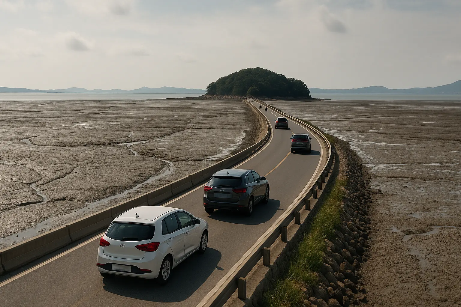 Cars moving carefully along Jebudo’s sea road with mudflats on both sides