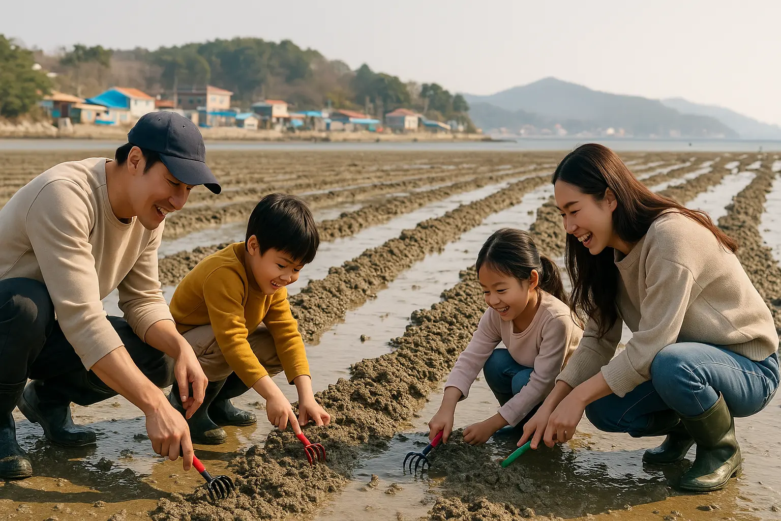 Children and parents using small hand rakes at Jonghyeon village on Daebudo