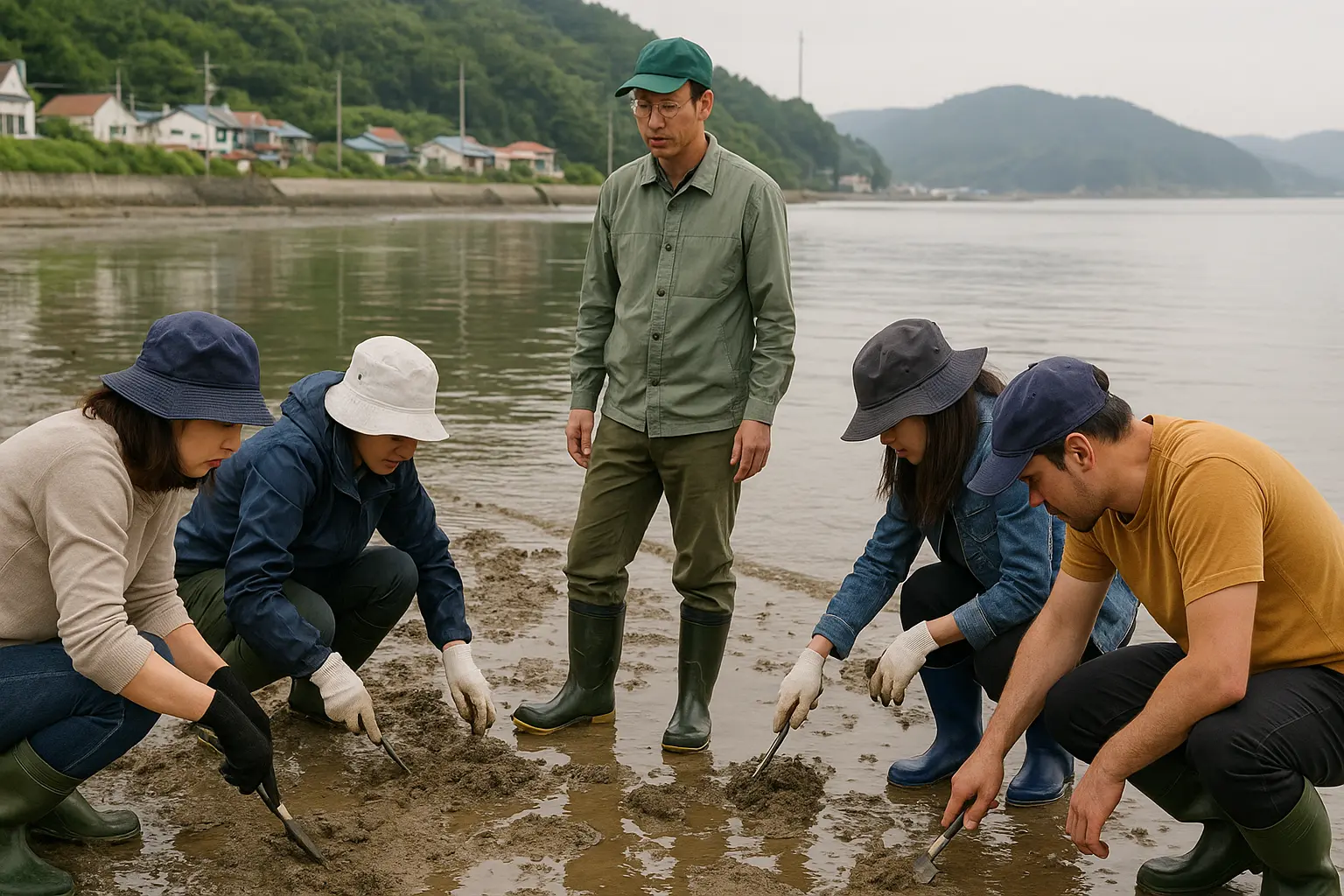 Booted visitors digging clams at Jonghyeon Fishing Village