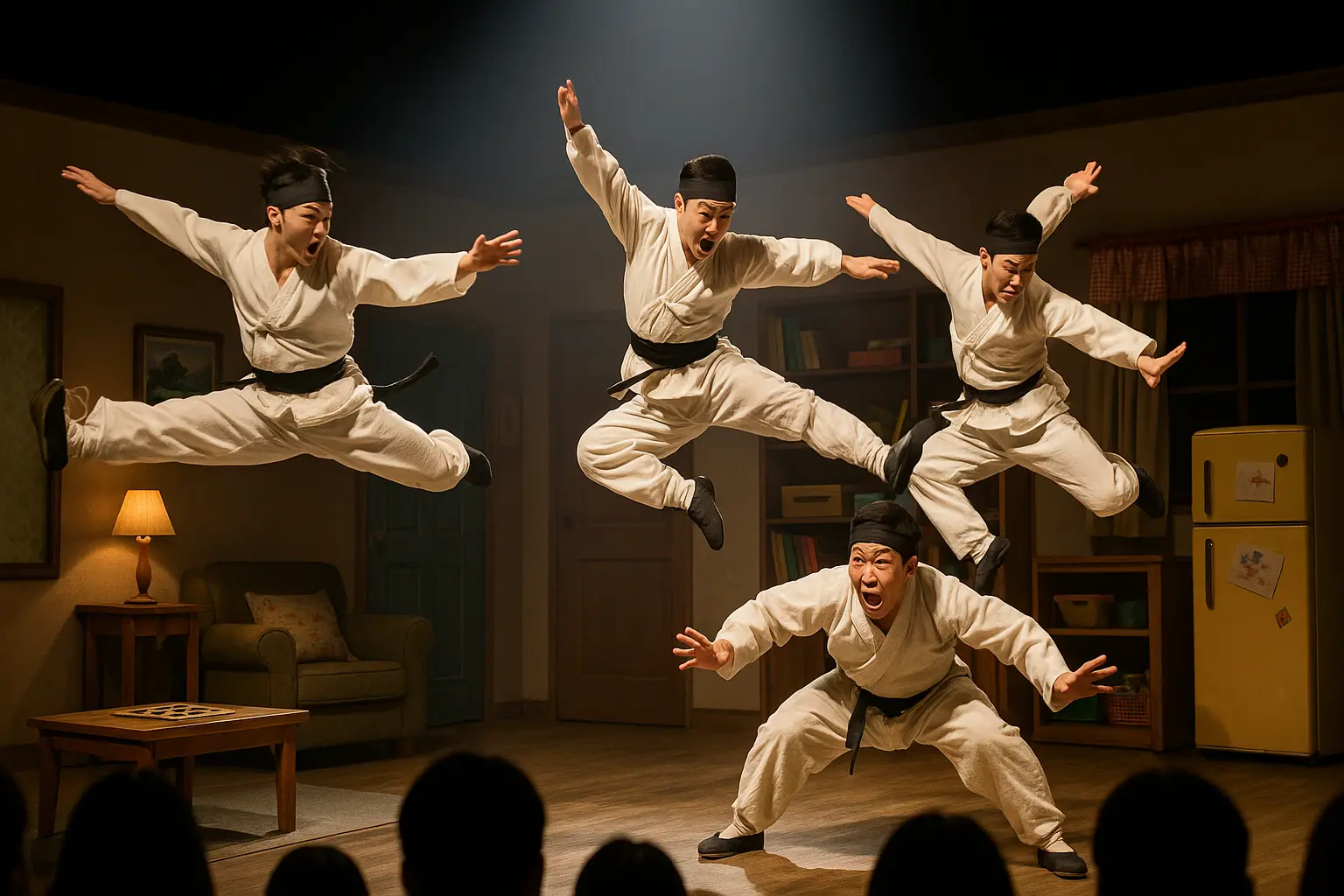 Acrobatic martial artists leaping across a comic theater set