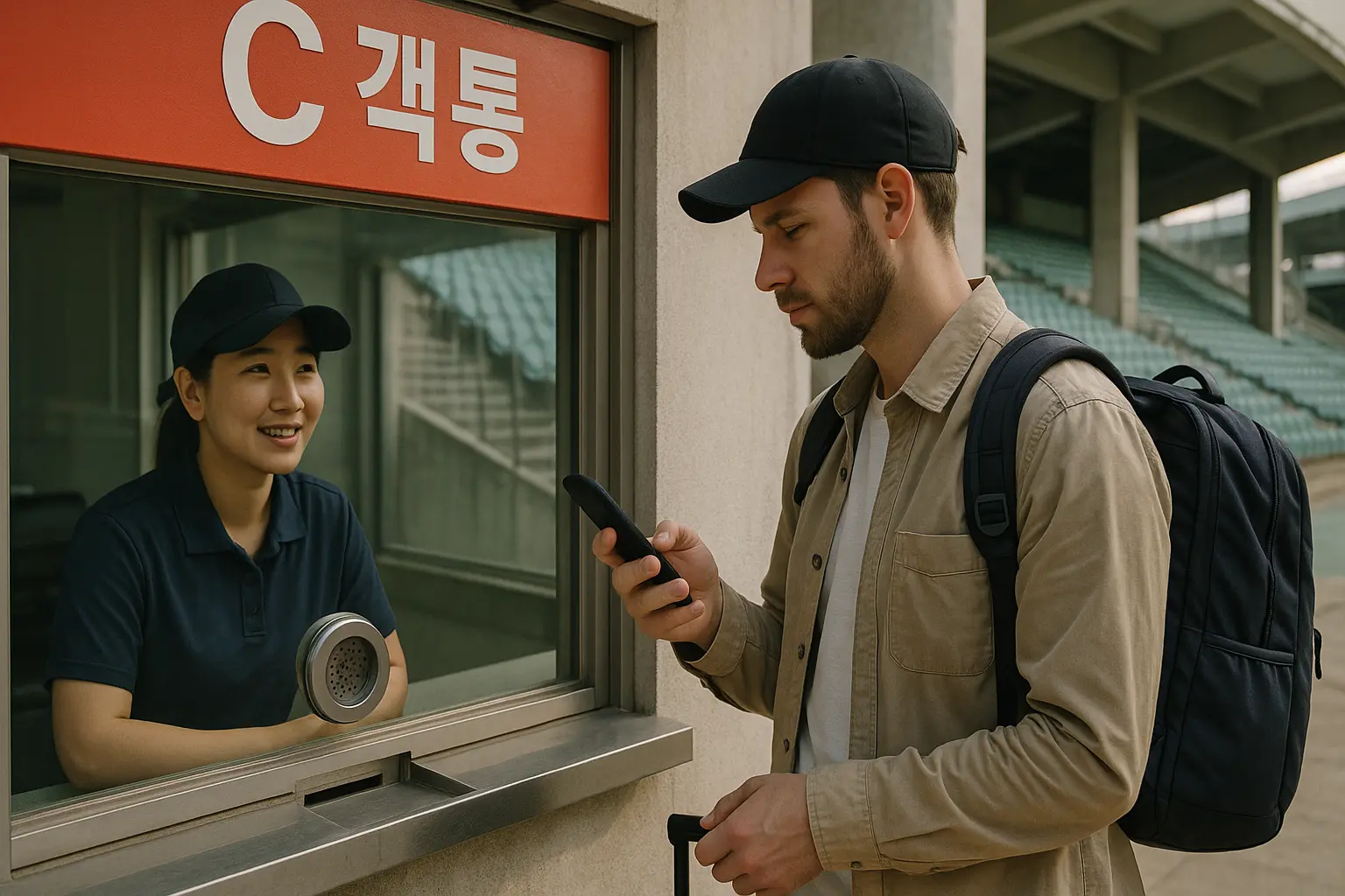 A traveler using a phone near a Korean baseball ticket window
