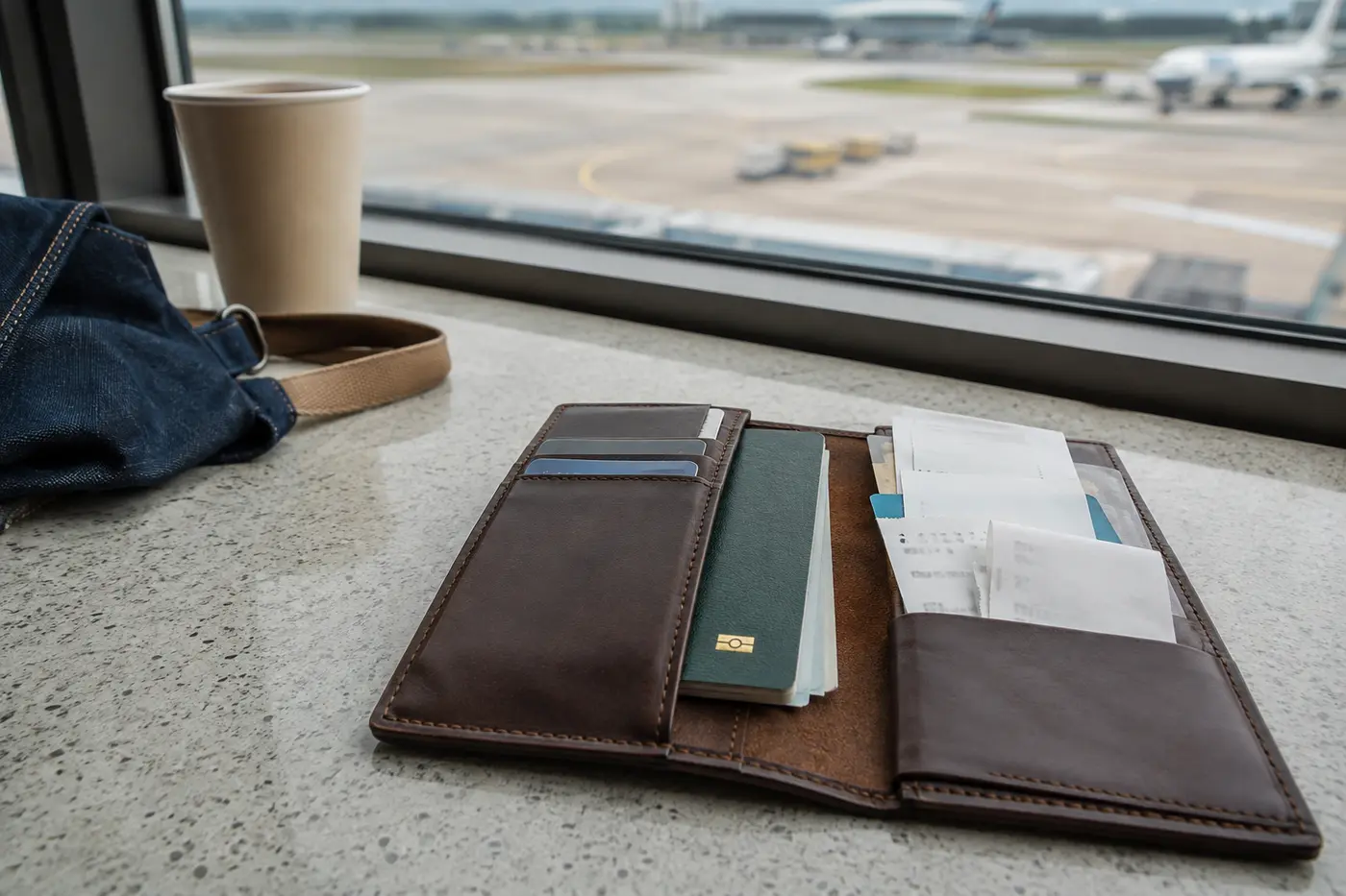 A neatly organised departure wallet with refund receipts and passport