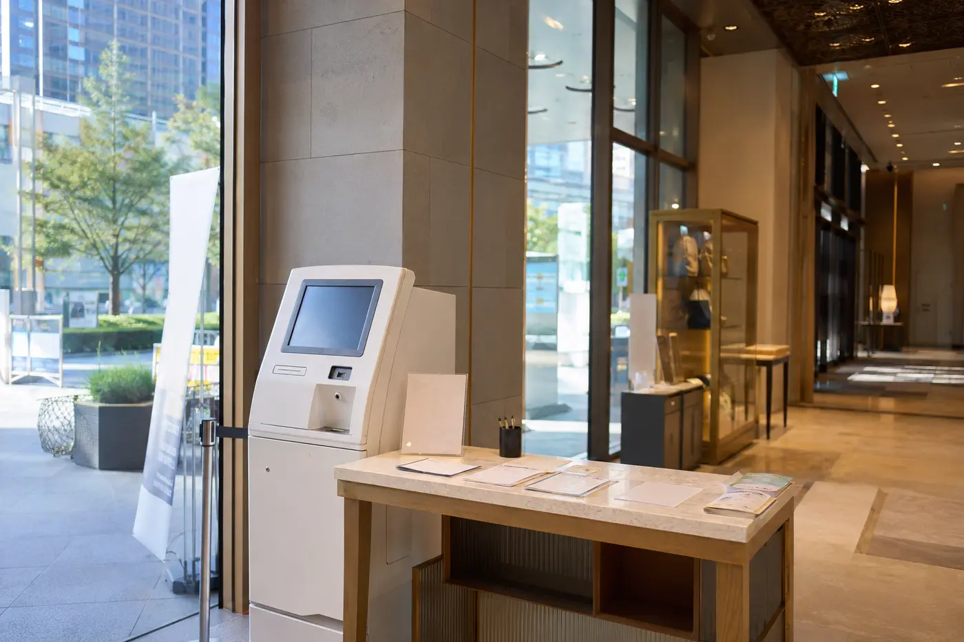 A downtown Seoul tax-refund kiosk with clear document preparation space