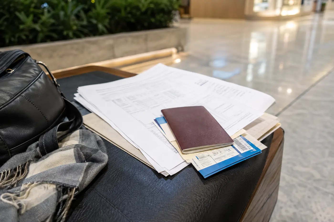 A clear checklist of passport, goods, receipts and flight documents prepared for departure