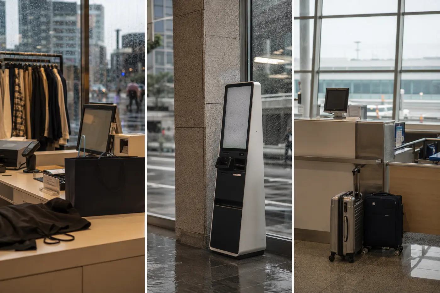 Three realistic tax-refund routes shown through checkout, downtown kiosk and airport counter scenes