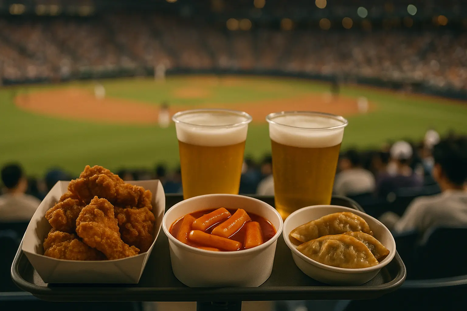 Fried chicken, tteokbokki and beer arranged at a Korean baseball seat