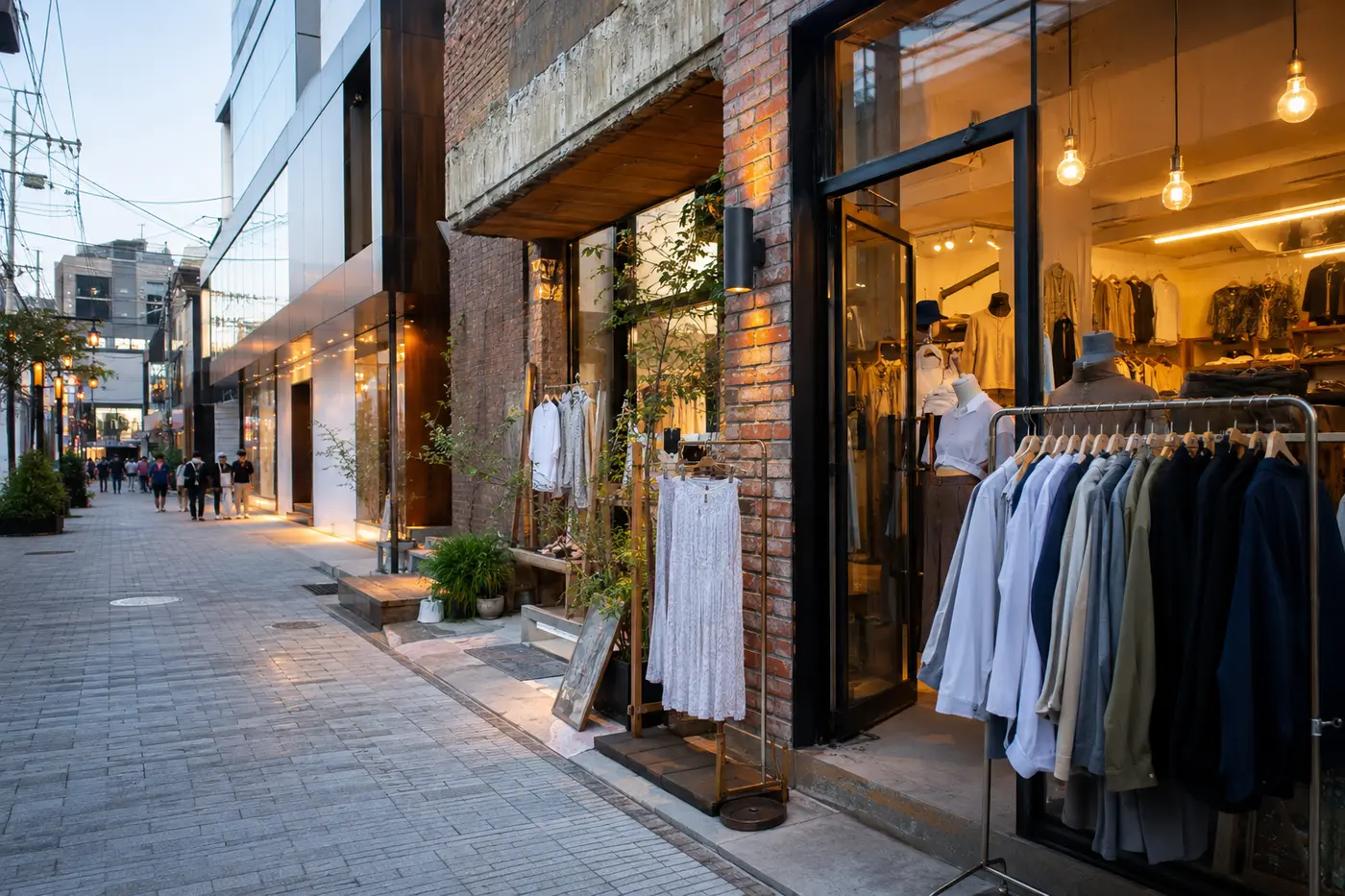 Unterschiedliche koreanische Modeviertel, dargestellt durch realistische Schaufenster und Kleidungspräsentationen