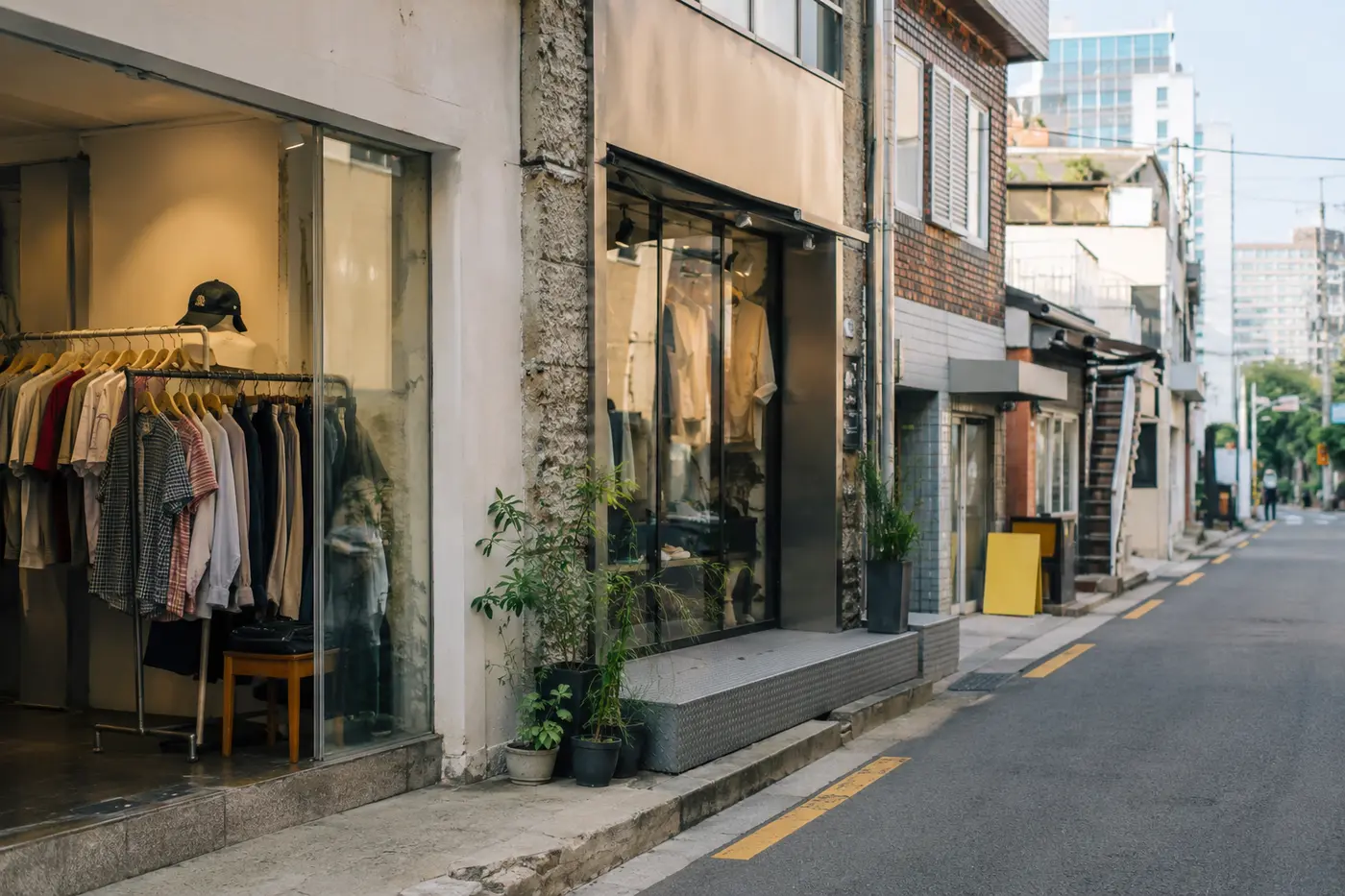 Eine Seitenstraße in Seongsu mit verschiedenen koreanischen Modegeschäften, ohne inszeniertes Model