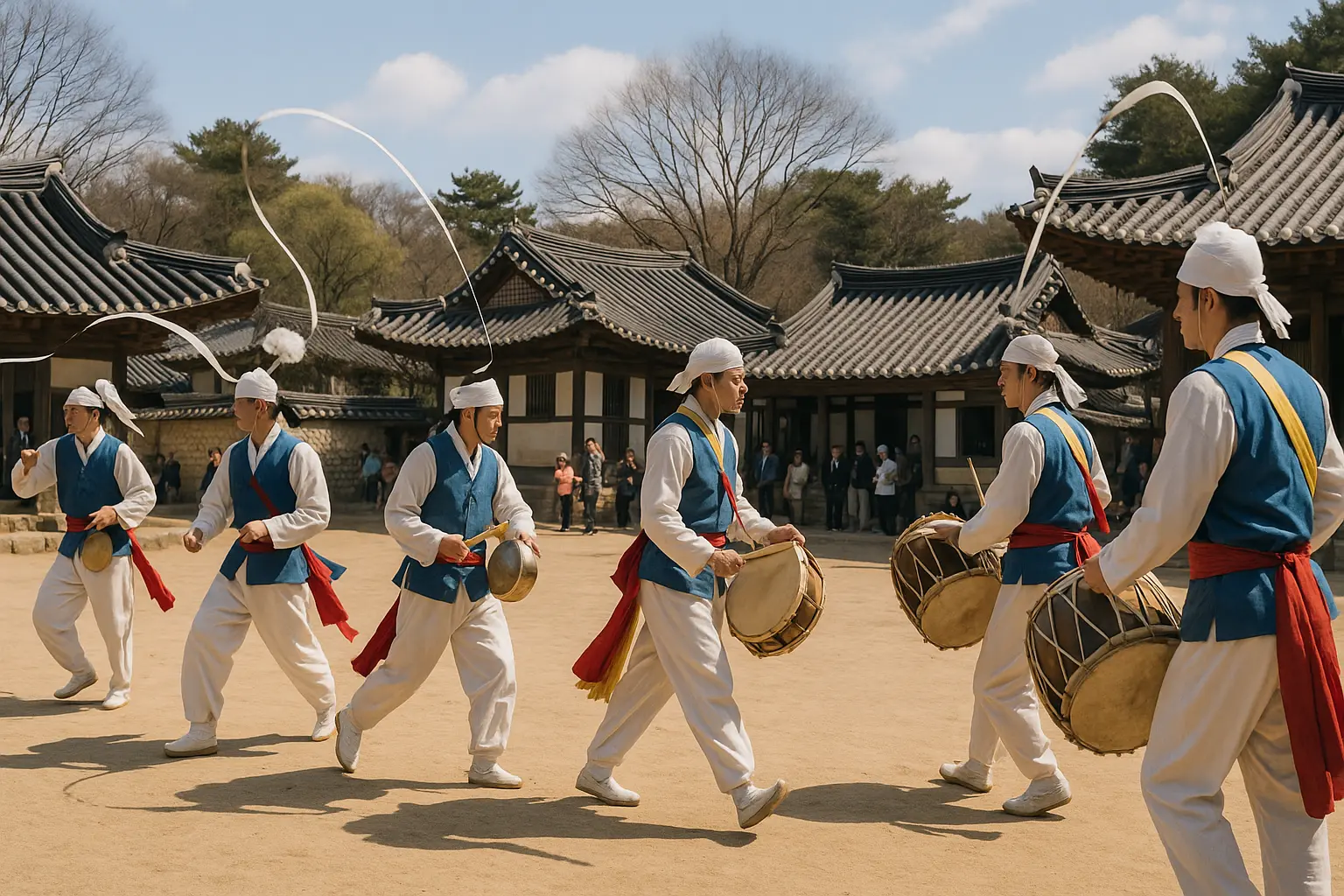 Costumed performers in a recreated Joseon-era village courtyard