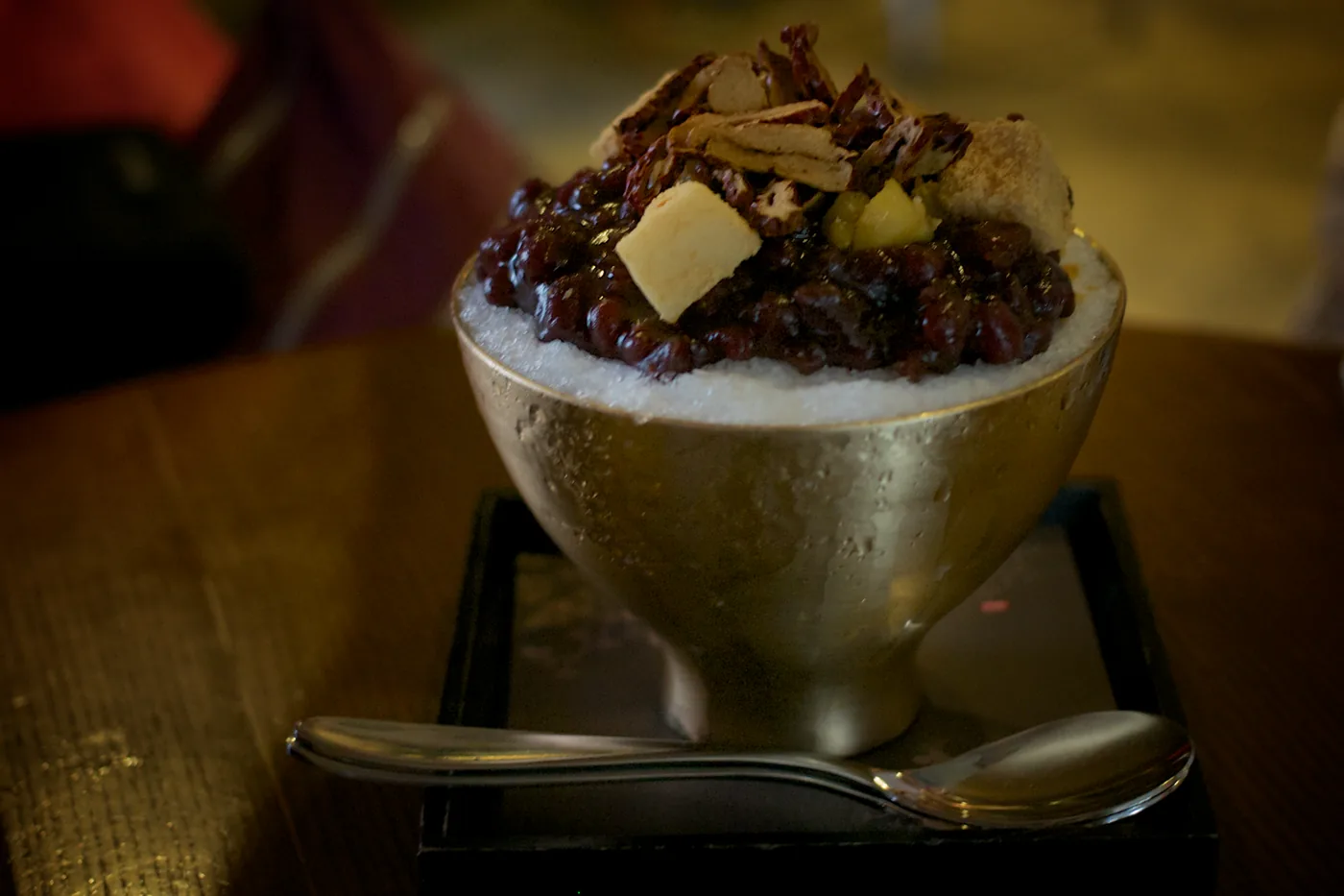Patbingsu shaved ice topped with sweet red bean and rice cake