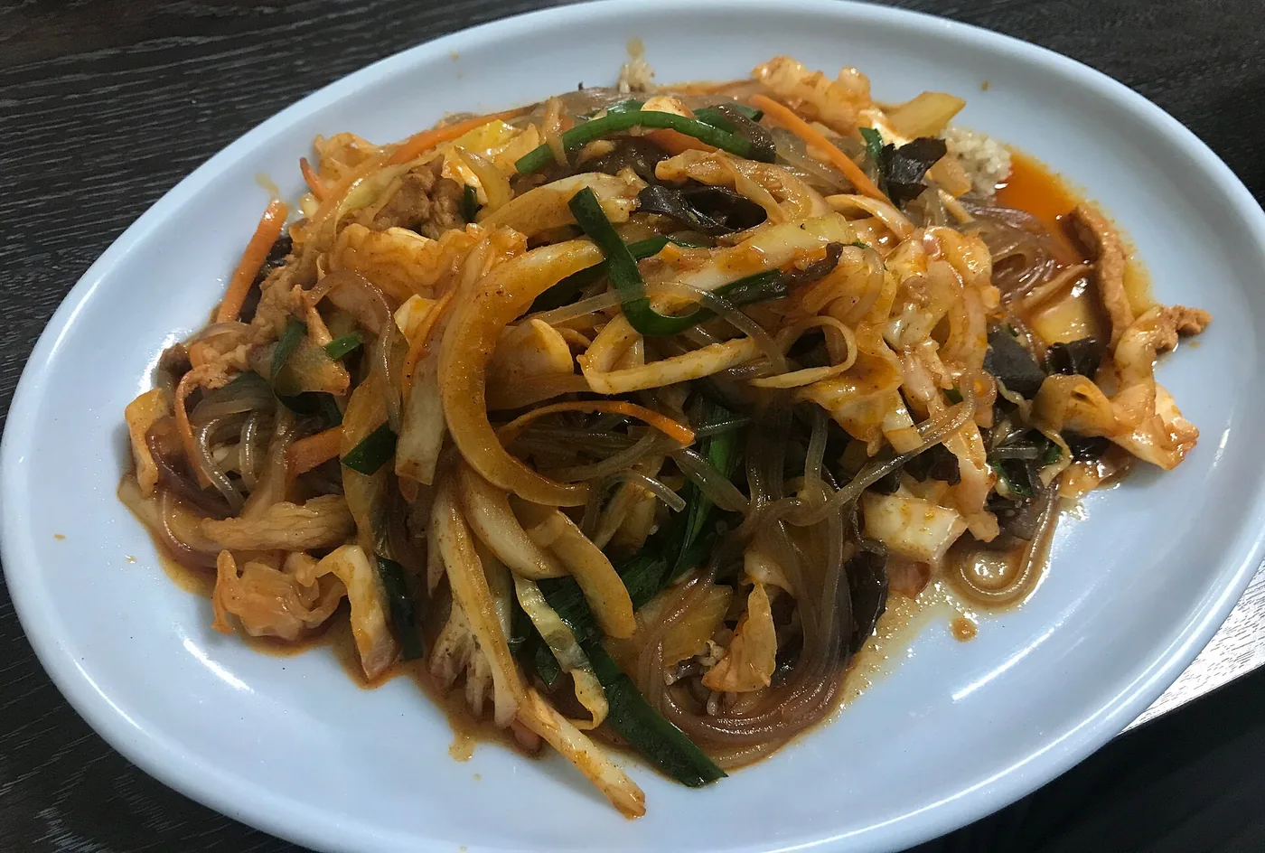 Japchae glass noodles stir-fried with vegetables and mushrooms