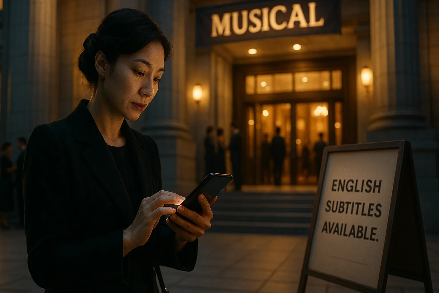 A theatergoer checking an English subtitle notice before a Korean musical