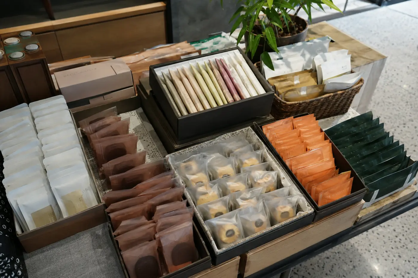 Individually wrapped Korean snacks, tea and coffee ready to share