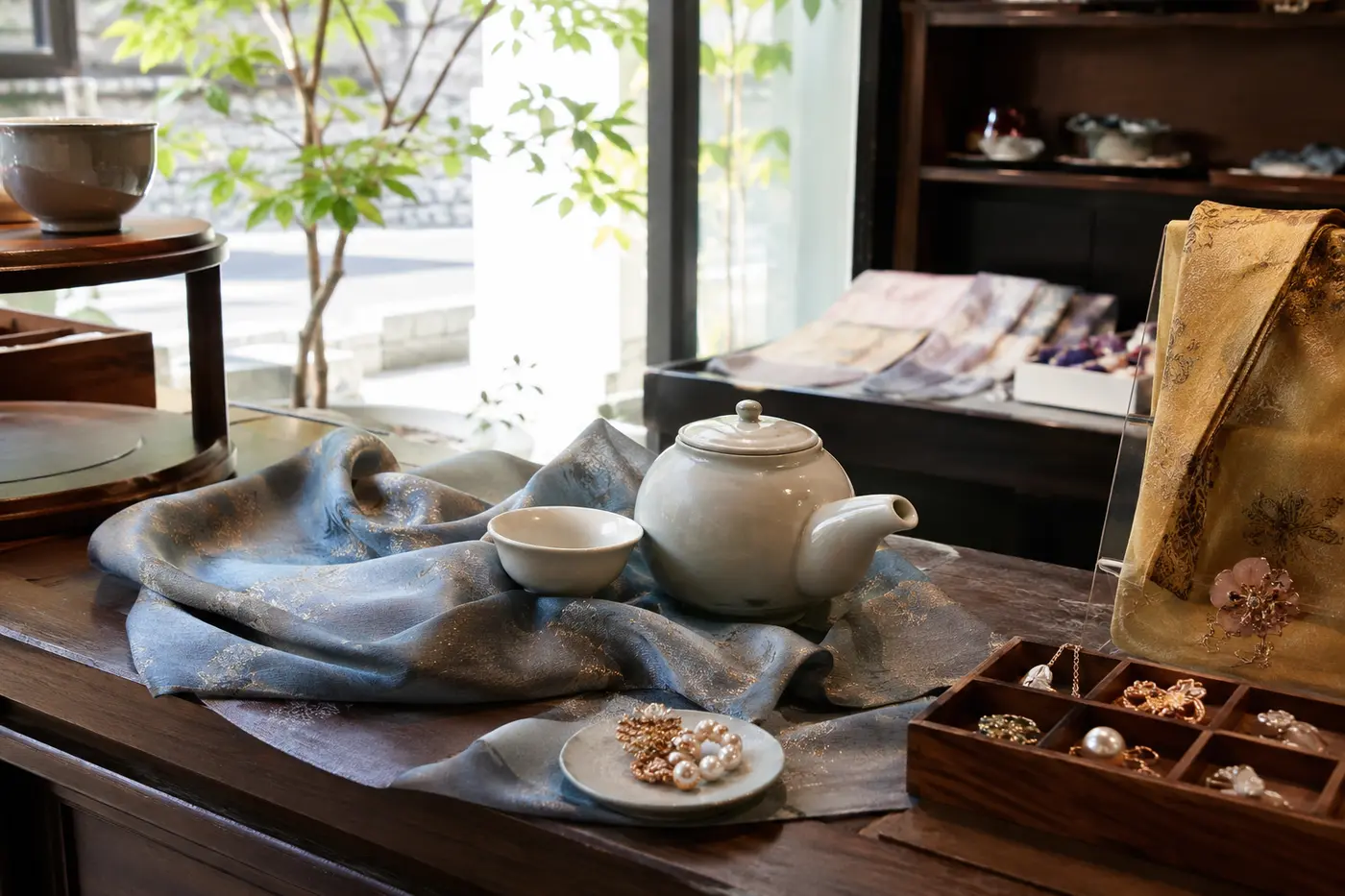 A refined small Korean gift with fabric, jewelry and tea ware