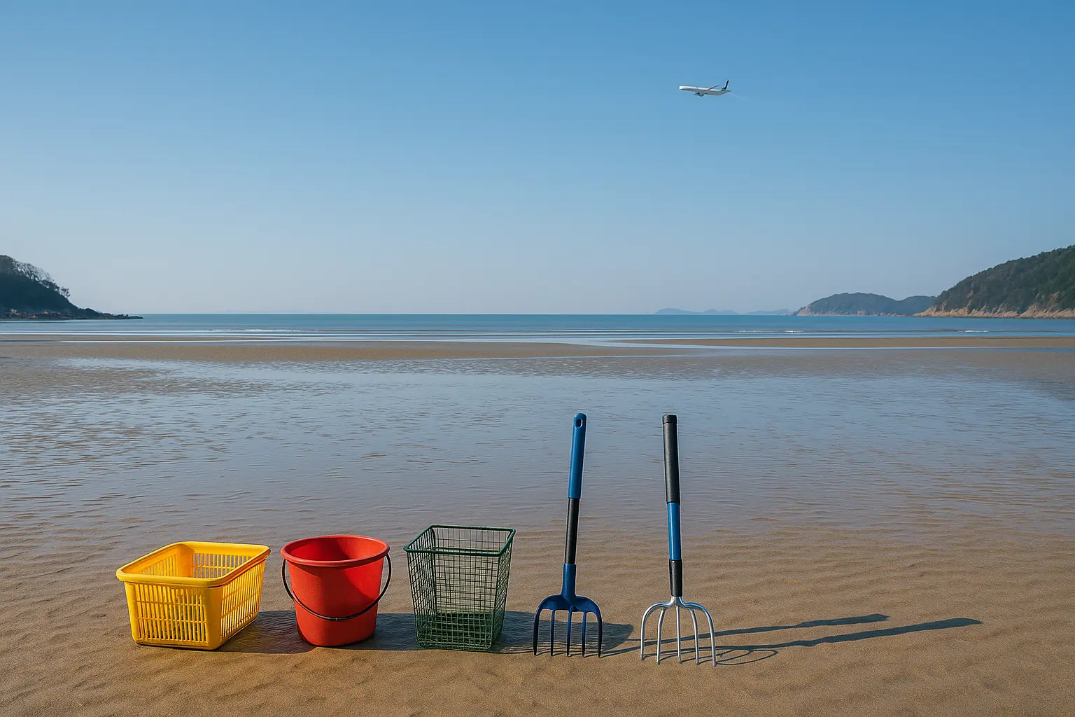 Clam-digging equipment lined up at Masian Beach near Incheon Airport