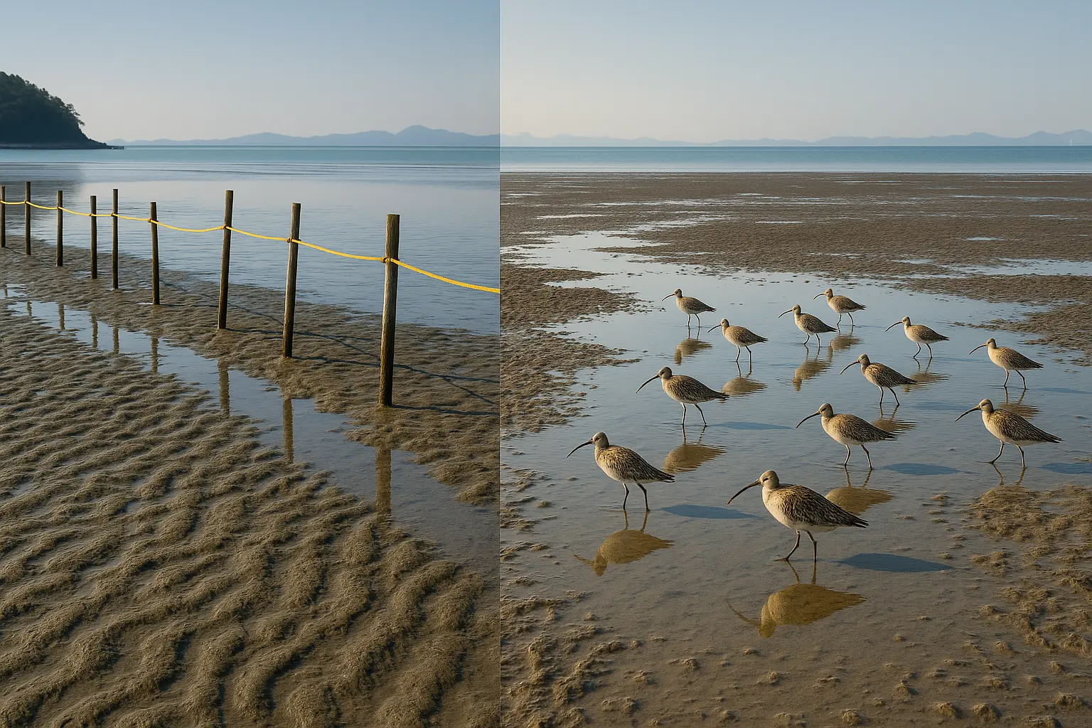 A marked clam-digging zone contrasted with an untouched ecological mudflat