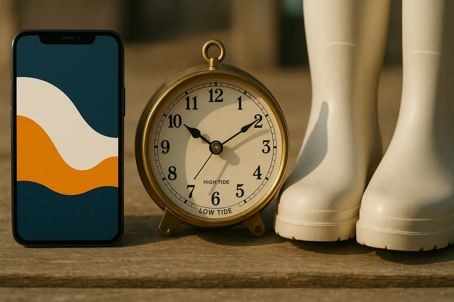 A smartphone showing a tide chart beside a harbor clock and rubber boots