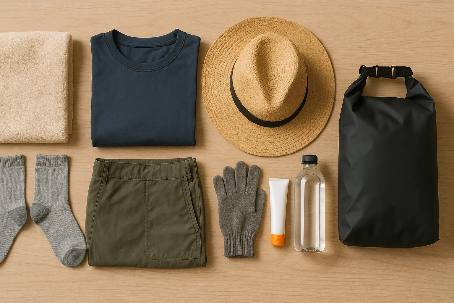 A practical flat lay of towels, spare clothes, socks, gloves and sun protection
