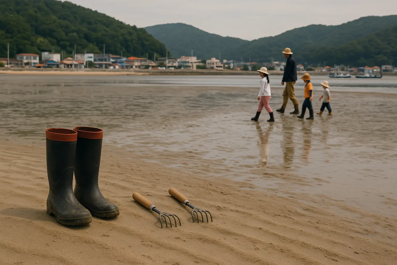 A family preparing boots and hand rakes beside a Korean west-coast mudflat