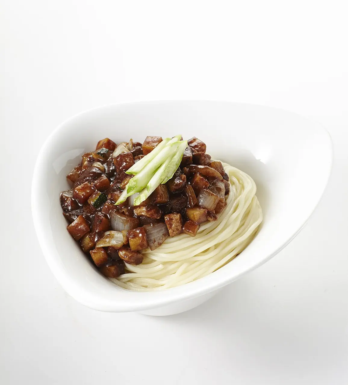 Jajangmyeon noodles covered in a glossy black-bean sauce