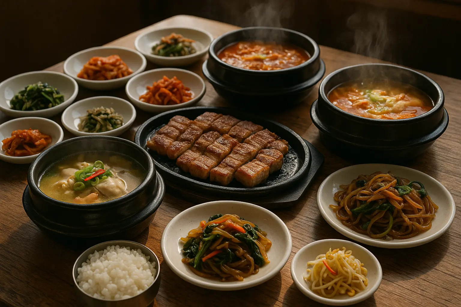 A table filled with varied Korean dishes, soups, grilled meat and side dishes