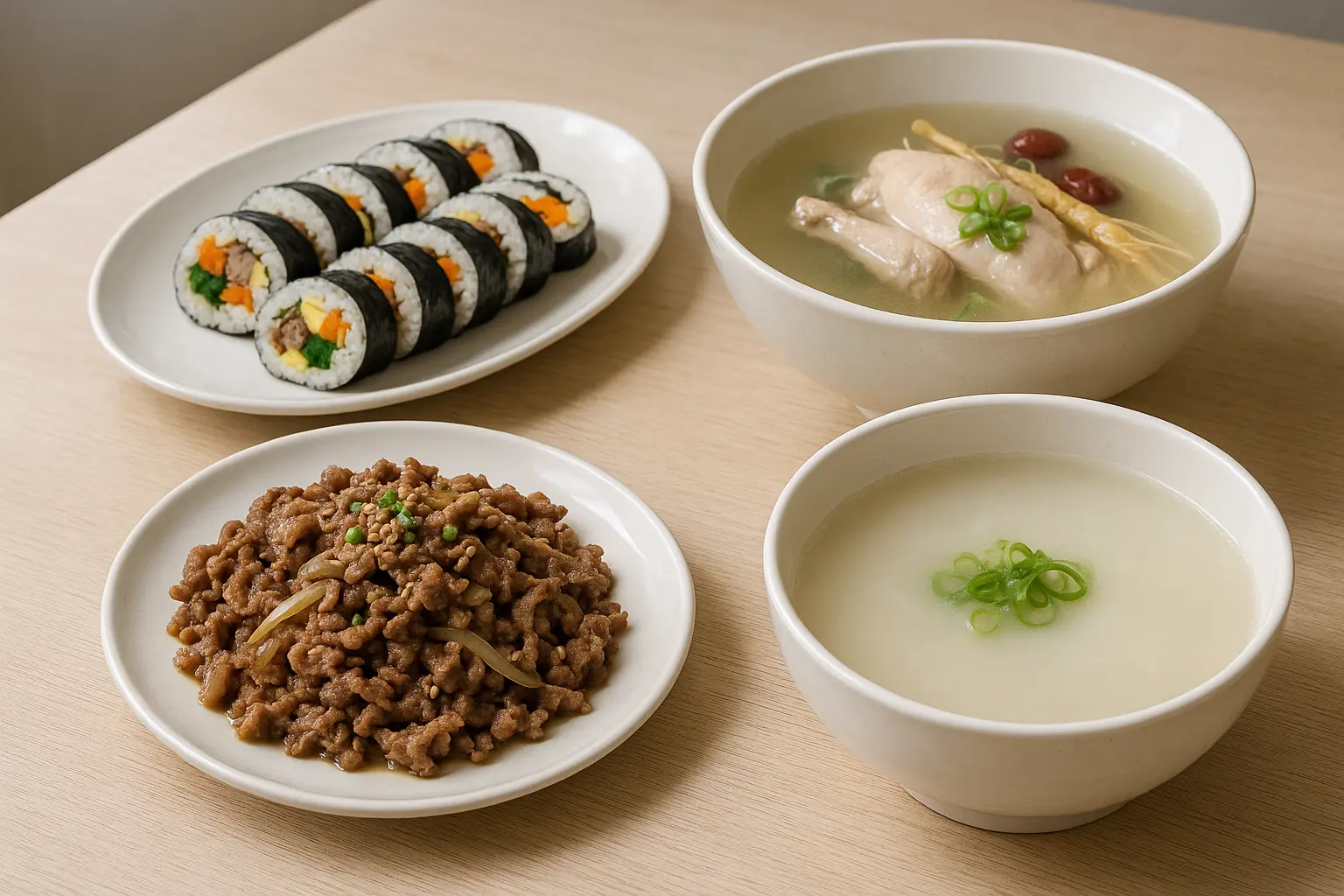 Mild Korean dishes including bulgogi, gimbap and seolleongtang on a restaurant table