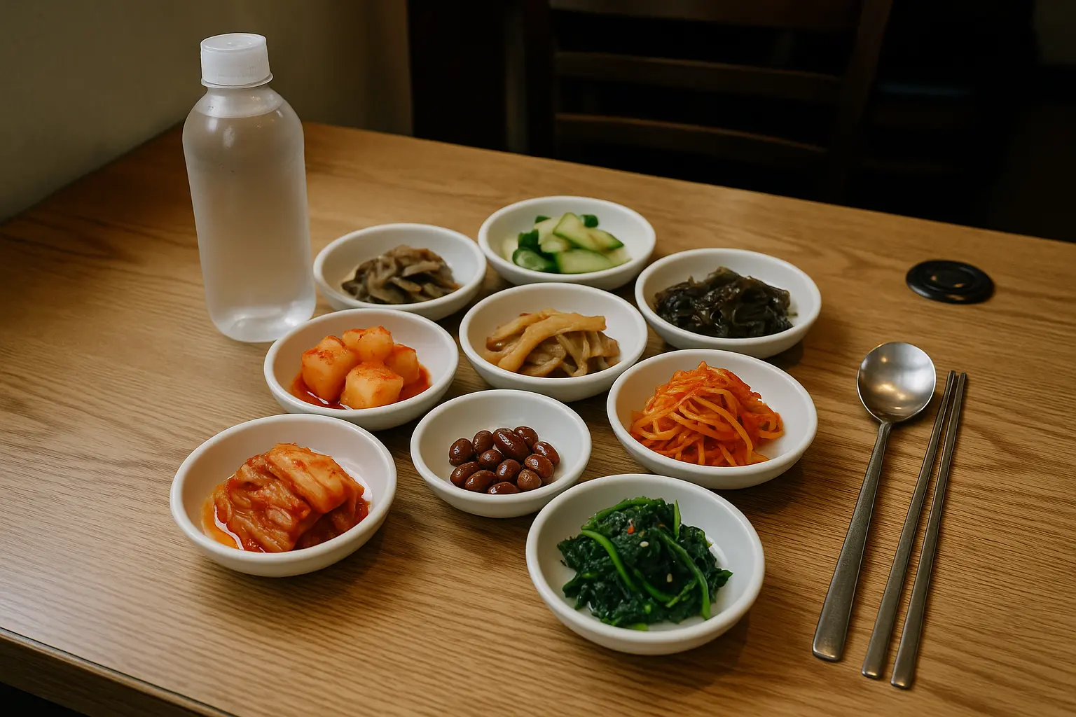 A Korean restaurant table with banchan, water, metal chopsticks and a call button