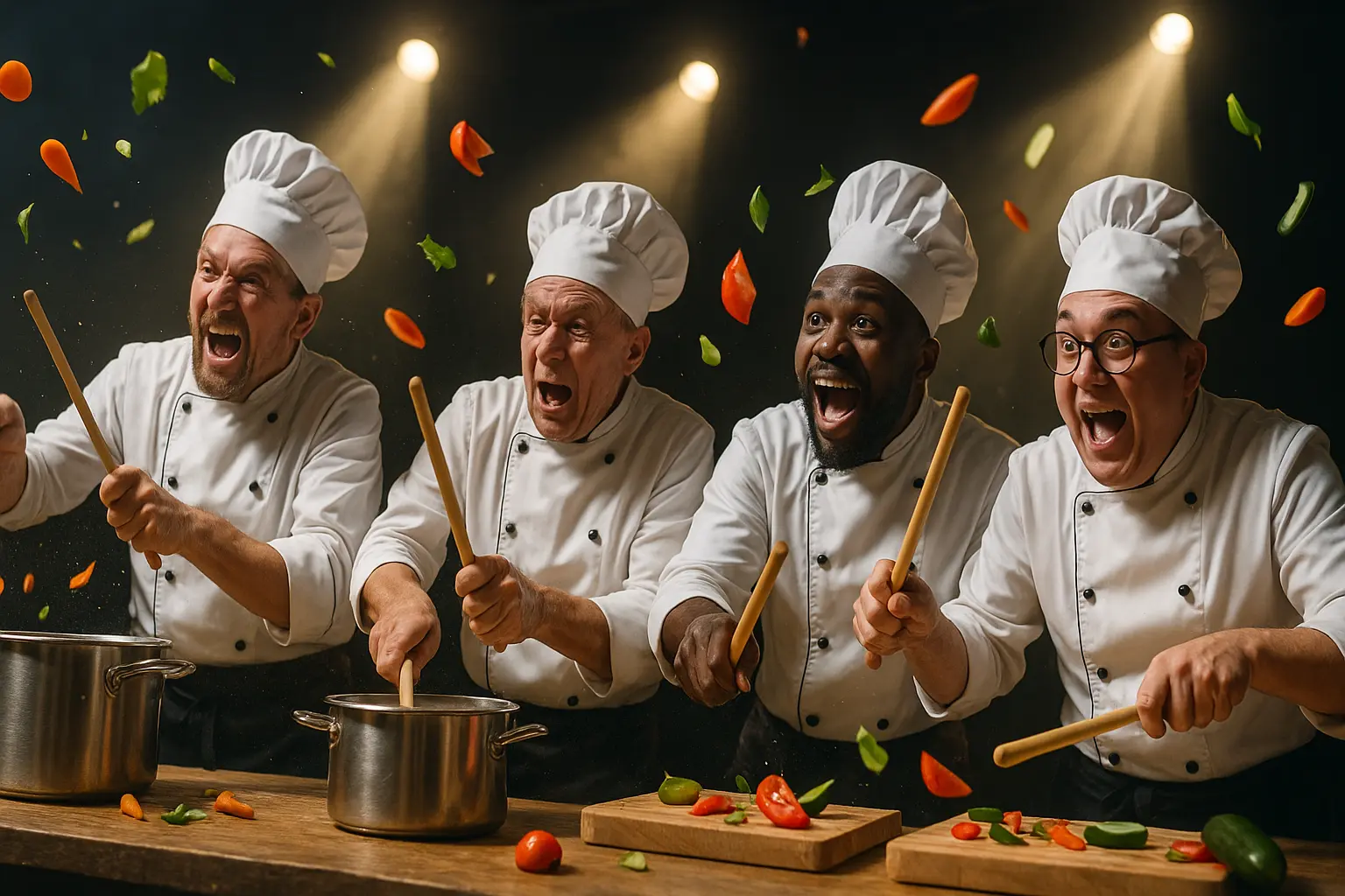 NANTA-style cooks performing percussion with kitchen utensils