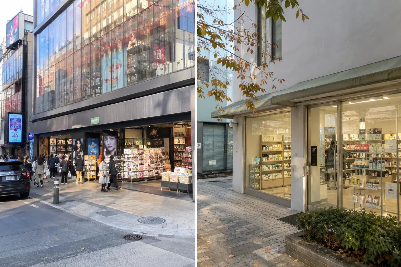 A busy central Olive Young exterior contrasted with a calmer neighborhood branch