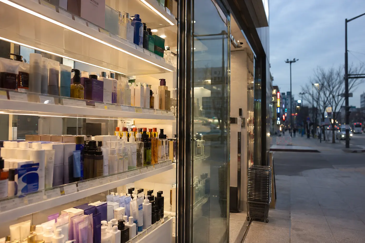 Korean haircare, body care and wellness shelves photographed at eye level