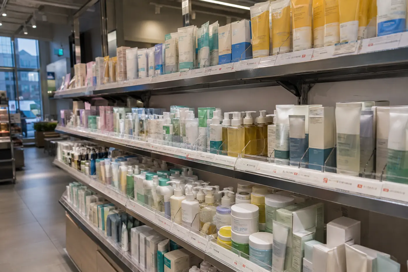 Sunscreen, gentle cleansers and barrier creams on separate Korean beauty shelves