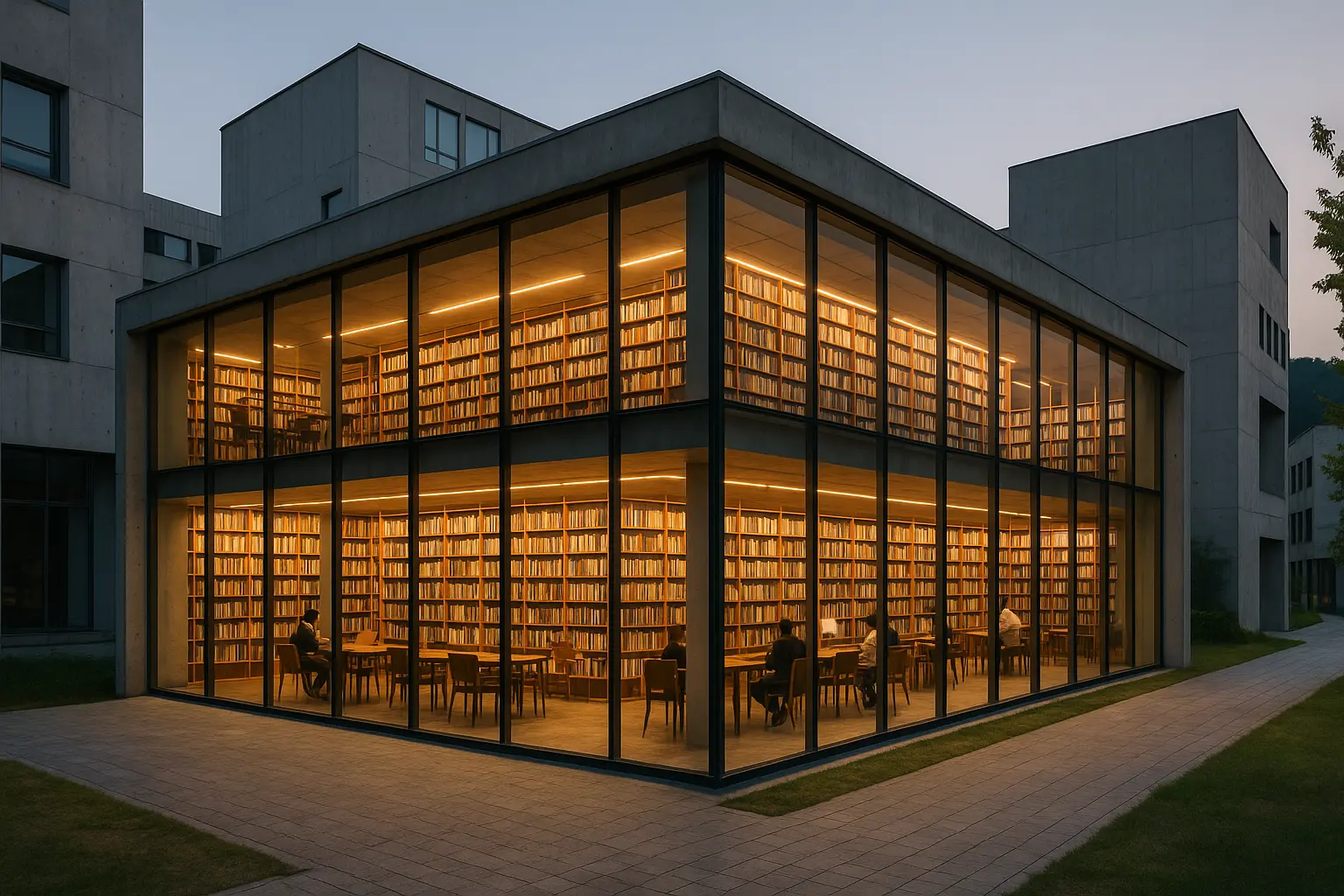 Contemporary publishing architecture and tall library shelves in Paju