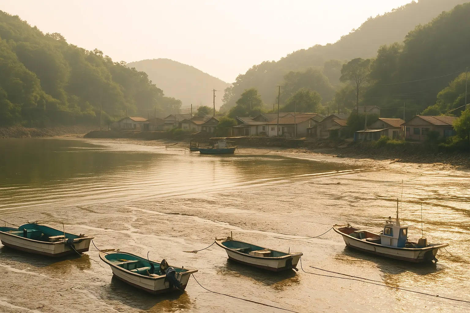 A small fishing village and tidal flats on Muuido under soft morning light