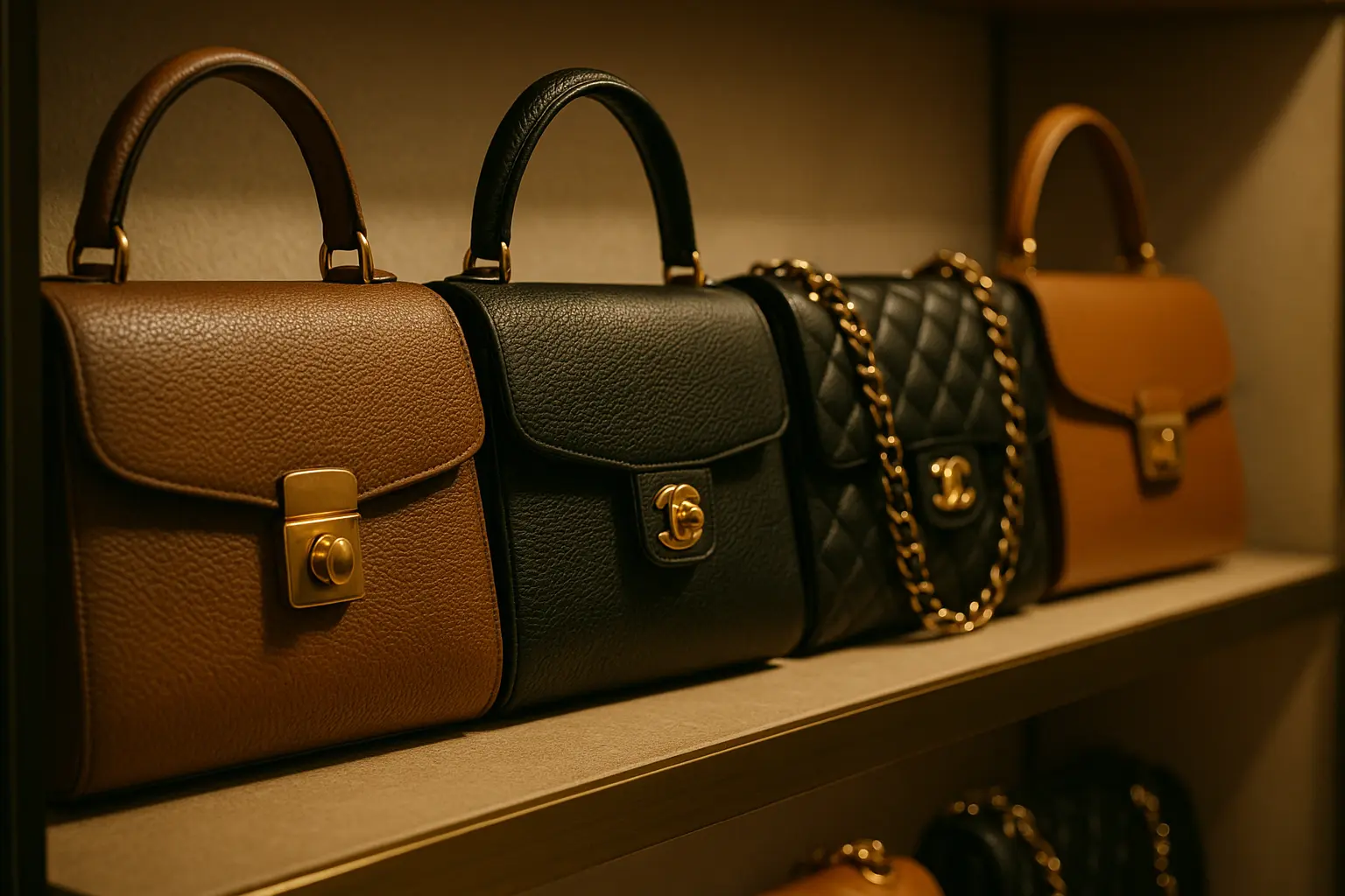 Rows of authenticated designer handbags lined up on a boutique shelf in Seoul