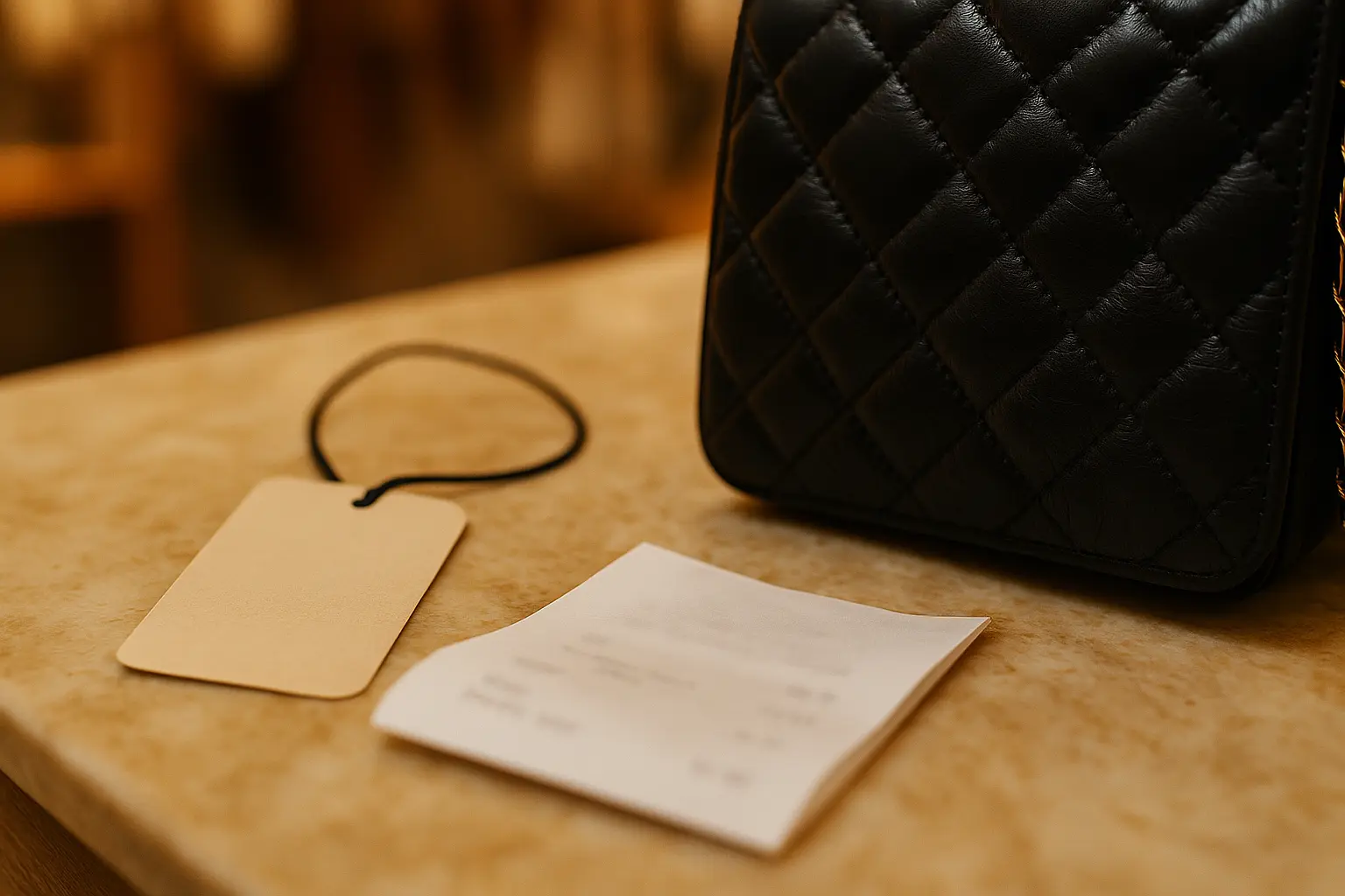 A boutique price tag and folded receipt resting beside a quilted leather bag, details softly out of focus