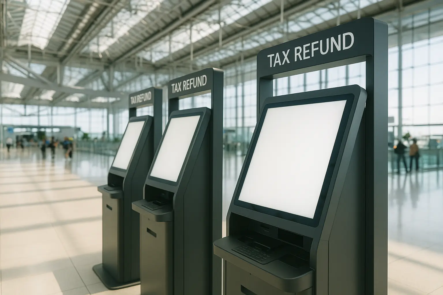 Self-service tax refund kiosks in a bright airport departures hall