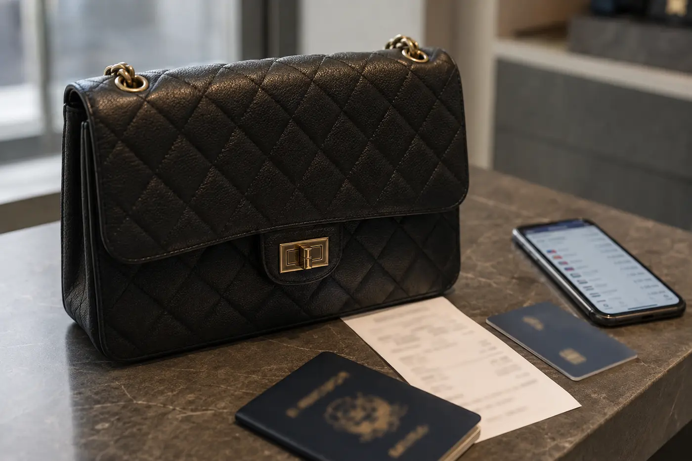 A black quilted luxury bag beside a Korean receipt, passport and exchange-rate comparison