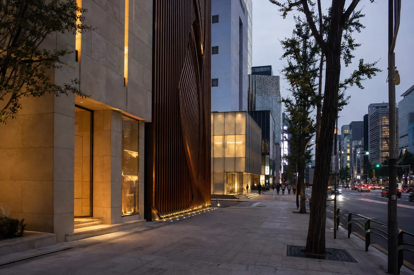 Cheongdam-dong luxury storefronts illuminated after sunset