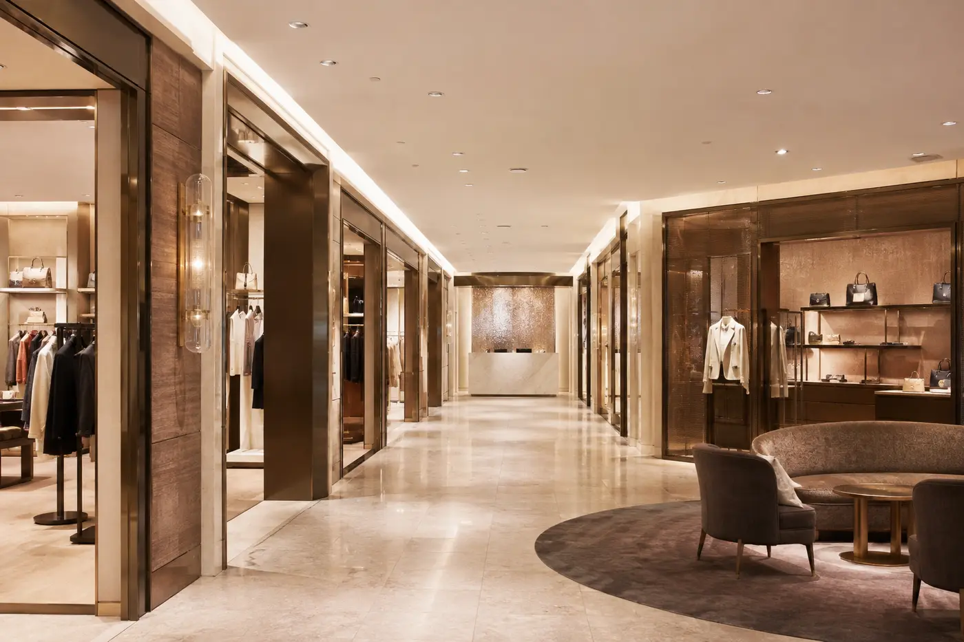 A calm multi-brand luxury boutique hall inside a Seoul department store
