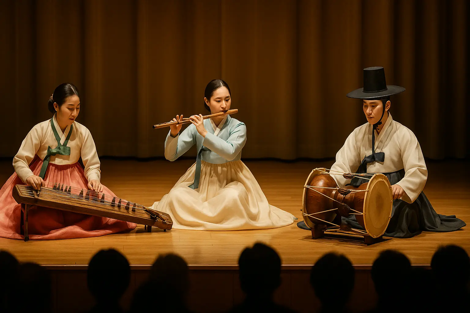 Traditional Korean musicians performing gugak in formal stage dress