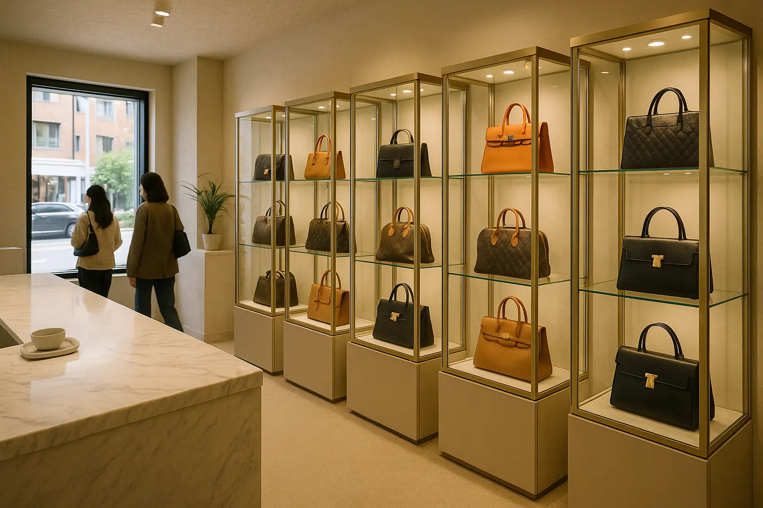 Interior of a calm luxury consignment boutique in Seoul with handbags arranged in glass cabinets