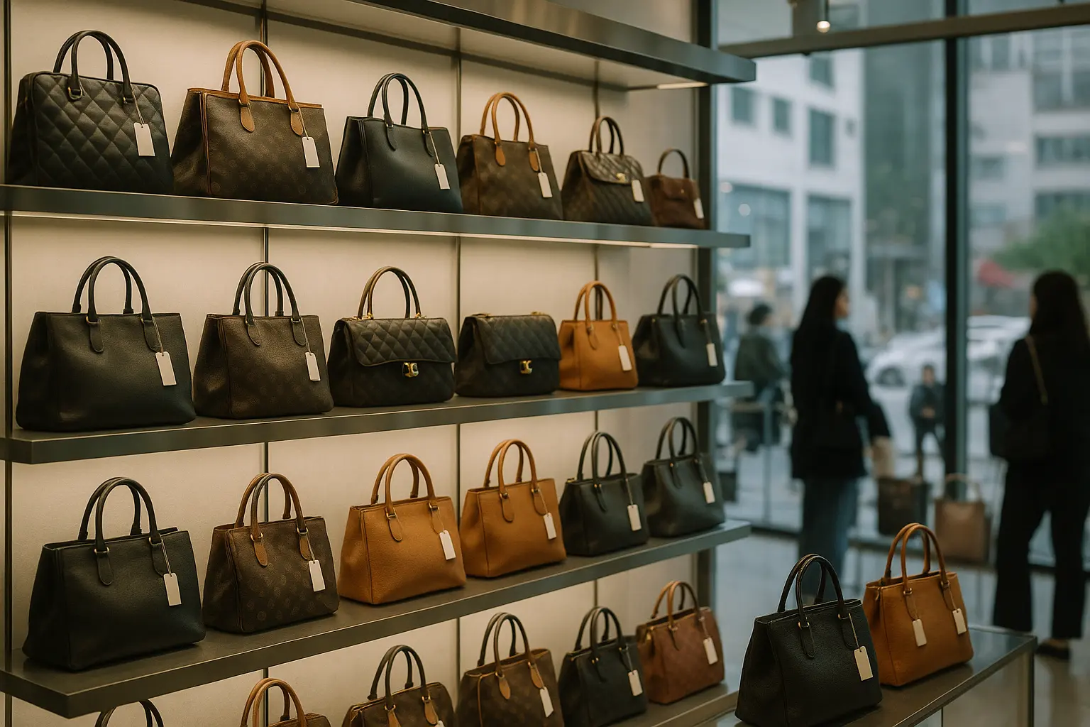 Rows of authenticated pre-owned designer handbags displayed on lit shelves in a Seoul resale store