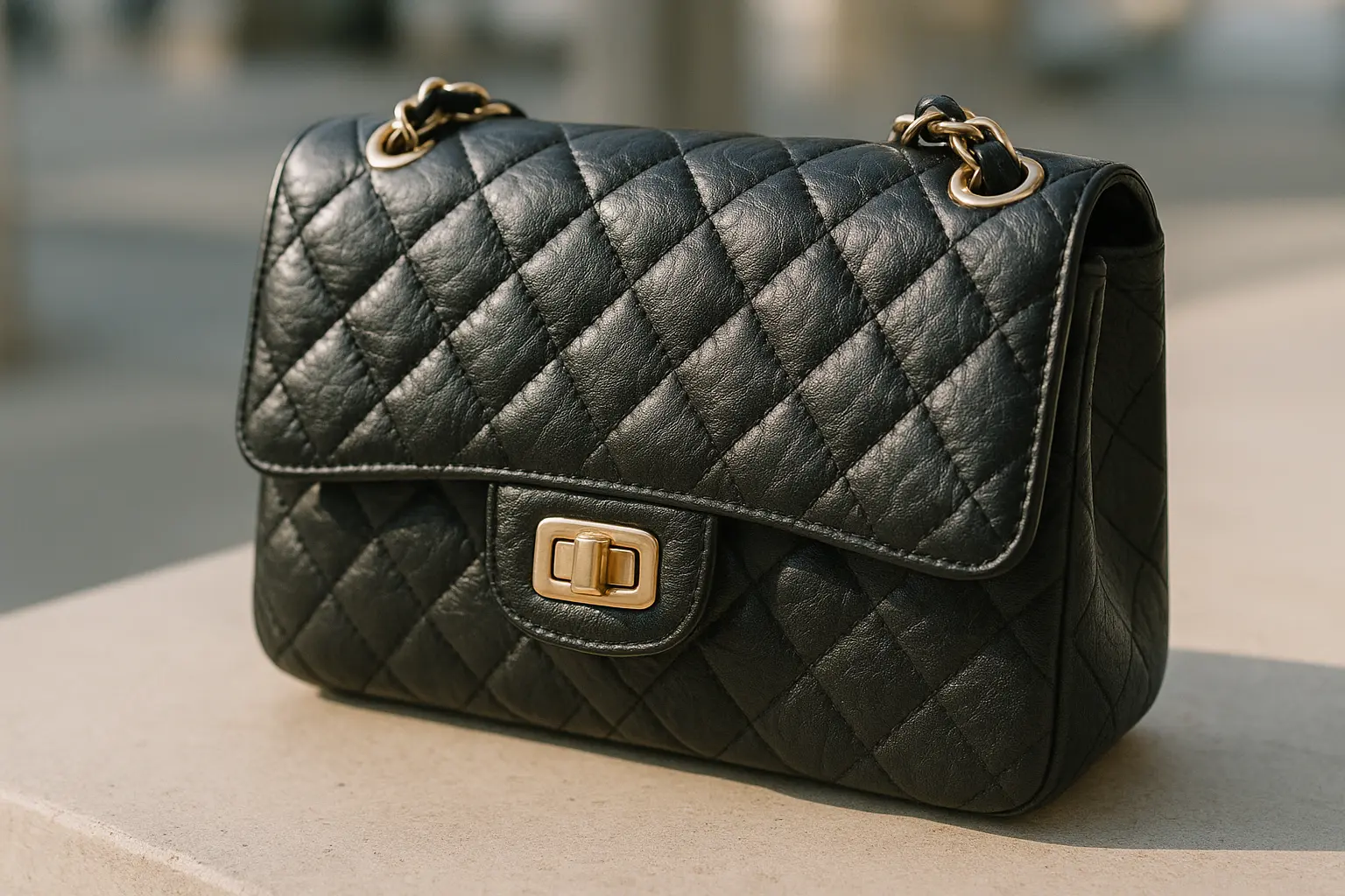 Close-up of a quilted leather handbag showing stitching detail and engraved metal hardware